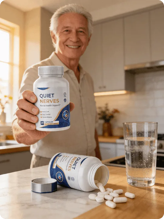 A calm, smiling older man in his kitchen holding a bottle of Quiet Nerves with a glass of water