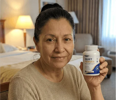 Smiling woman holding a bottle of Quiet Nerves in her bedroom