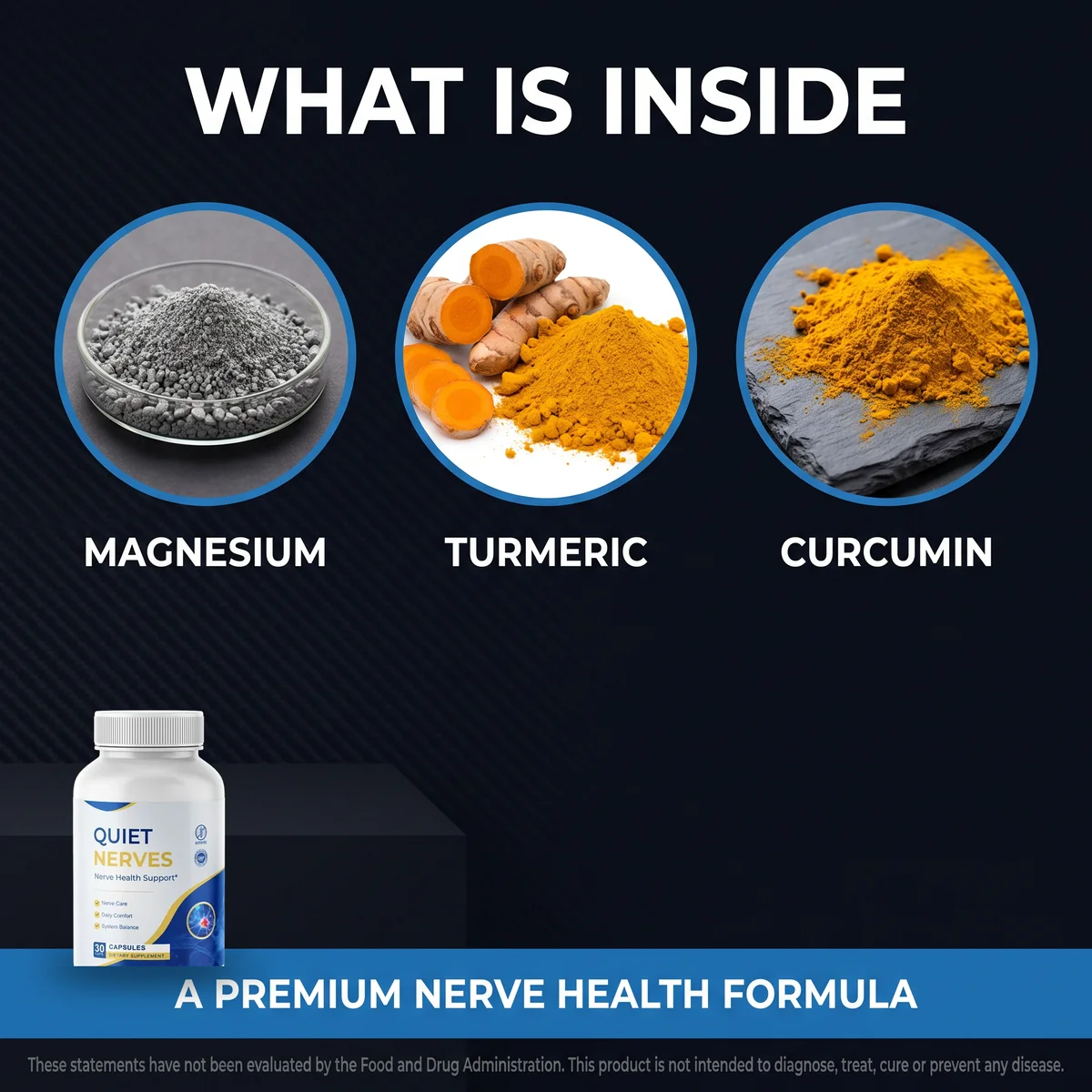What is inside Quiet Nerves: magnesium, turmeric and curcumin — a premium nerve health formula