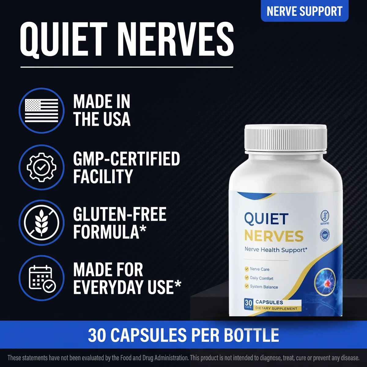 Quiet Nerves nerve support, made in the USA in a GMP-certified facility, gluten-free, 30 capsules per bottle